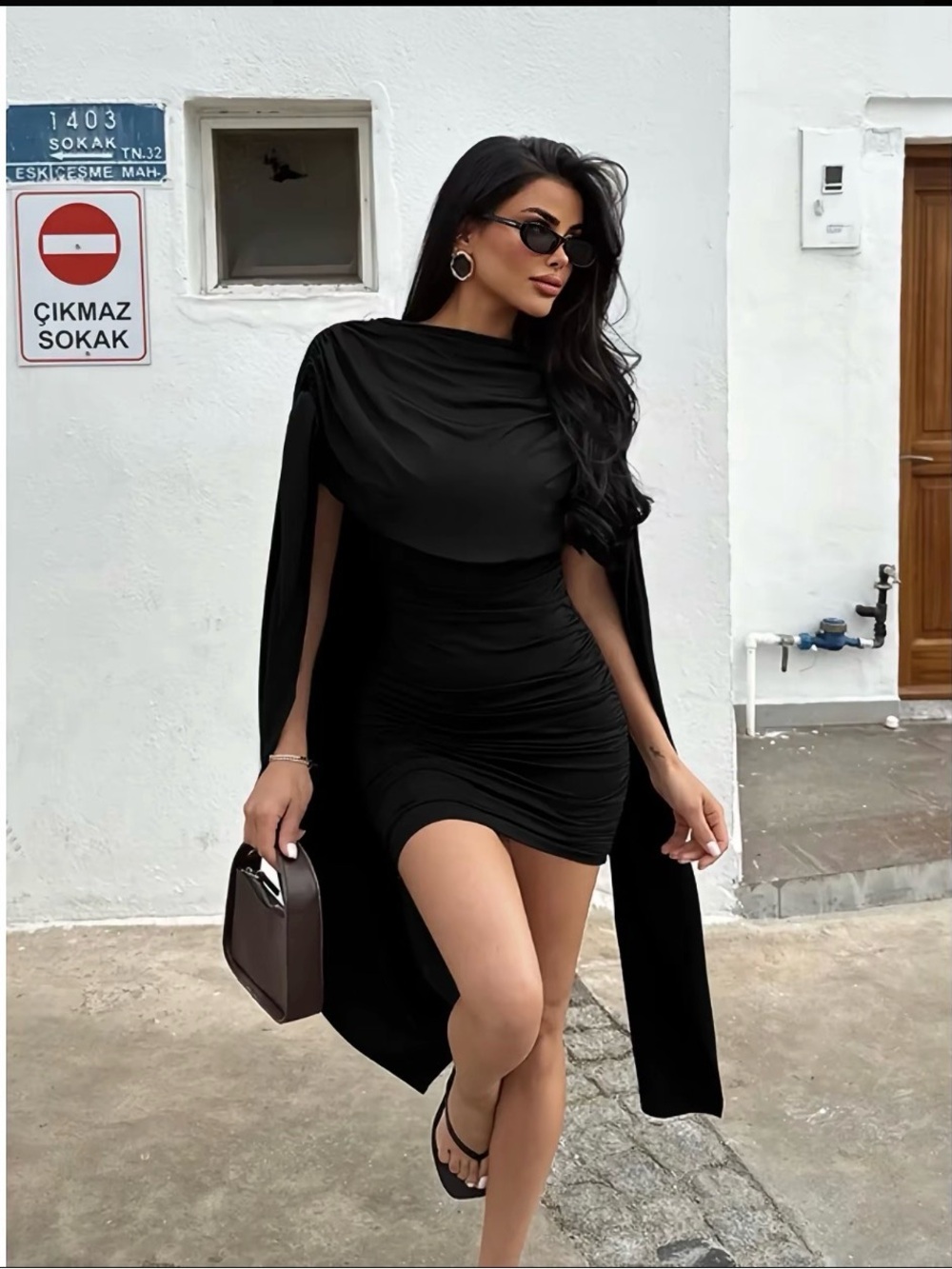 Elegant Black Cape-Sleeve Ruched Mini Dress